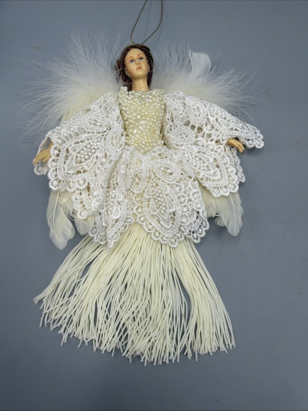 Shabby Chic Victorian Christmas White Angel Ornament Ivory Beads Feathers Regal